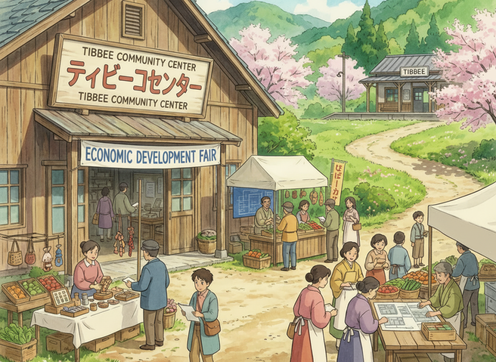 People gathered at the Tibbee Community Center Economic Development Fair in a lush rural landscape.