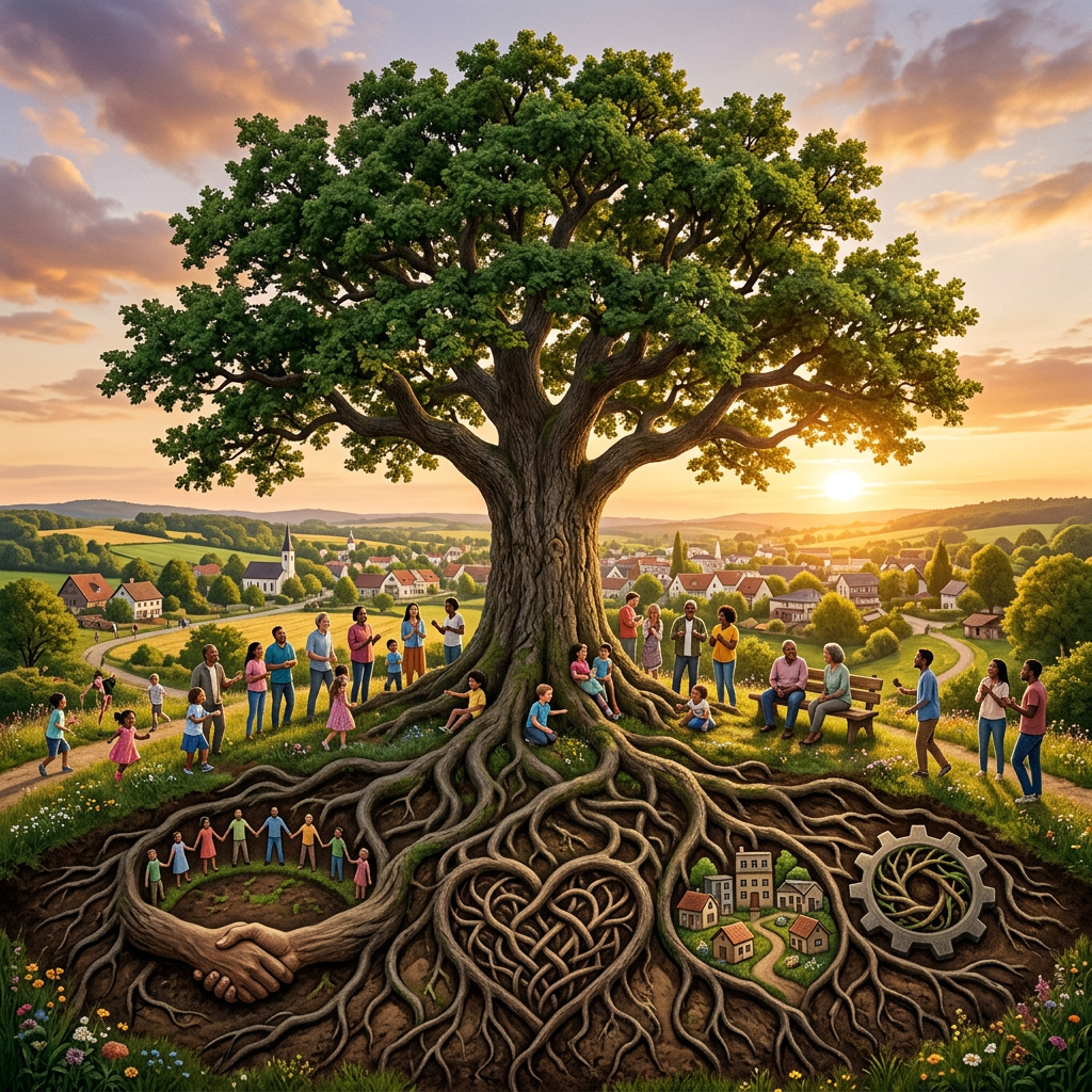 Large tree with people gathered around and intertwined roots showing community symbols